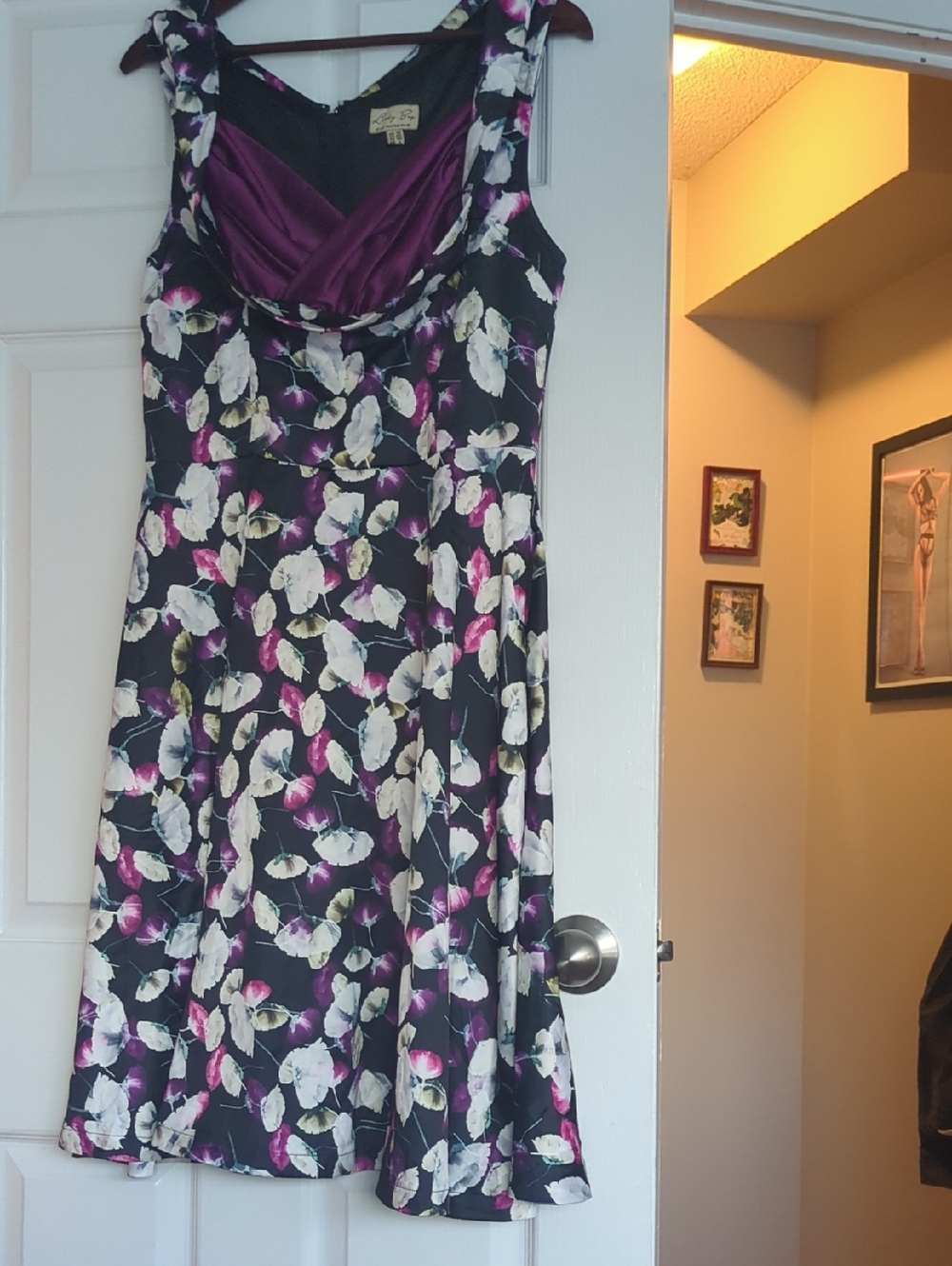 Lindy Bop Black Floral Midi Dress with Purple Satin Bodice
